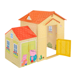 Toy house with yellow walls and an orange roof, featuring characters and illustrations related to a popular children's show.