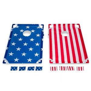 Stars & Stripes Cornhole Game Set with two boards, one blue with white stars and one red with white stripes, each featuring a hole; includes matching bean bags.