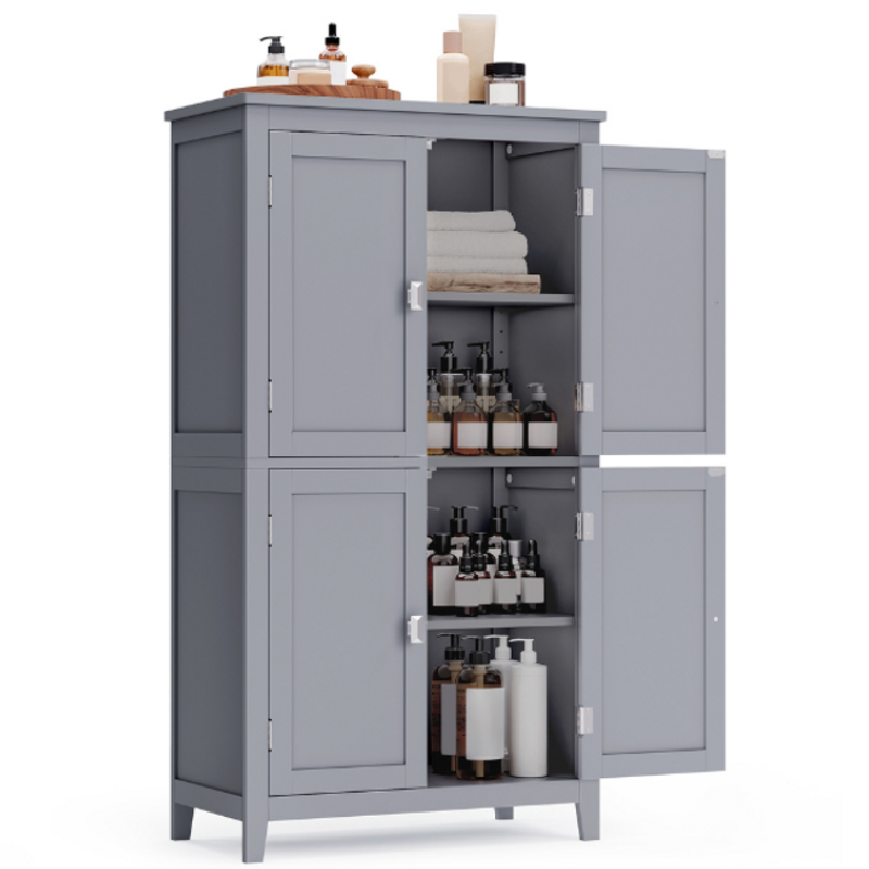 A gray cabinet with two open doors reveals shelves stocked with towels, assorted bottles of toiletries, and personal care items.