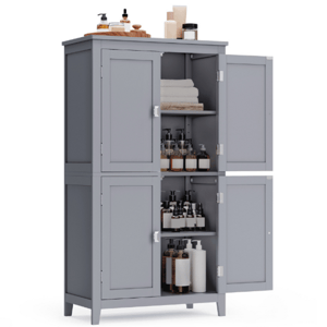 A gray cabinet with two open doors reveals shelves stocked with towels, assorted bottles of toiletries, and personal care items.