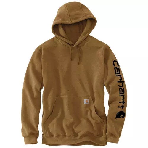 Brown Carhartt hoodie with a hood and kangaroo pocket, featuring the Carhartt logo on the left sleeve.