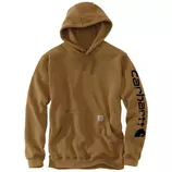Brown Carhartt hoodie with a hood and kangaroo pocket, featuring the Carhartt logo on the left sleeve.