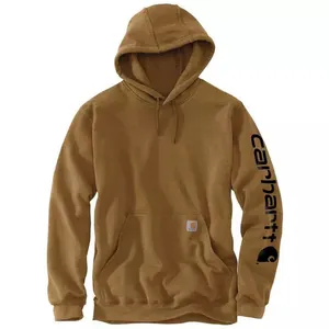 Brown Carhartt hoodie with a hood and kangaroo pocket, featuring the Carhartt logo on the left sleeve.