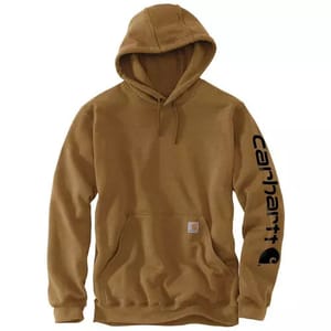 Brown Carhartt hoodie with a hood and kangaroo pocket, featuring the Carhartt logo on the left sleeve.