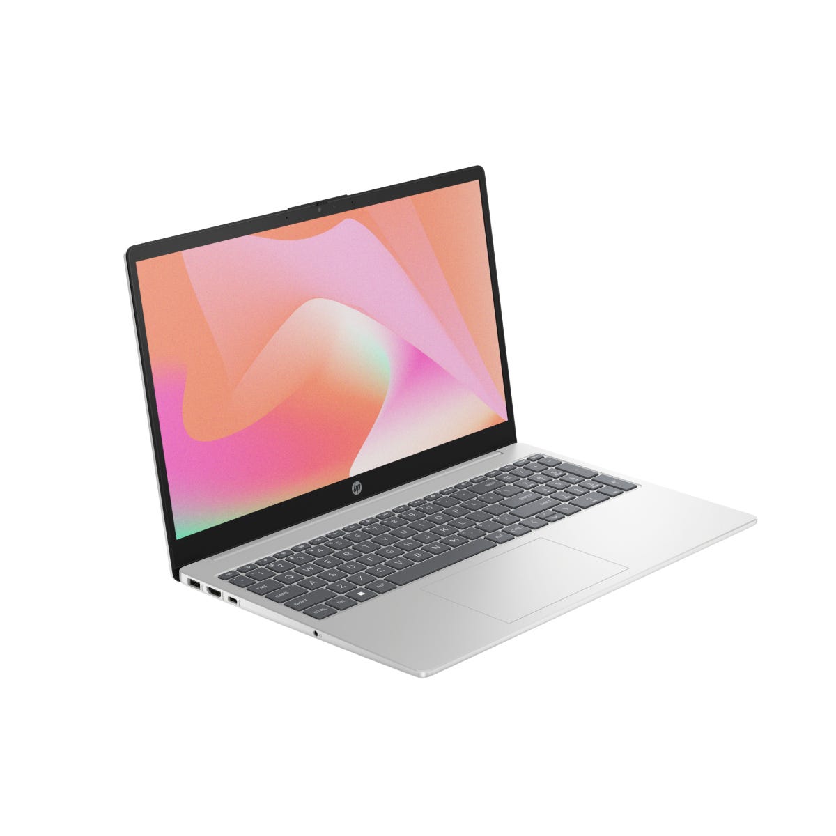 HP 15t Laptop: sleek design, thin bezels, silver color, backlit keyboard, large touchpad, 15.6-inch display with a colorful abstract wallpaper, ports on the left side including USB and HDMI.