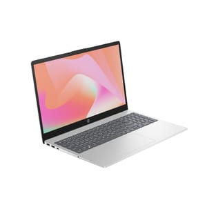 HP 15t Laptop: sleek design, thin bezels, silver color, backlit keyboard, large touchpad, 15.6-inch display with a colorful abstract wallpaper, ports on the left side including USB and HDMI.
