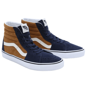 Blue and brown high-top sneakers with white soles and a signature wavy stripe on the sides, featuring the \“Off The Wall\“ logo on the tongue.