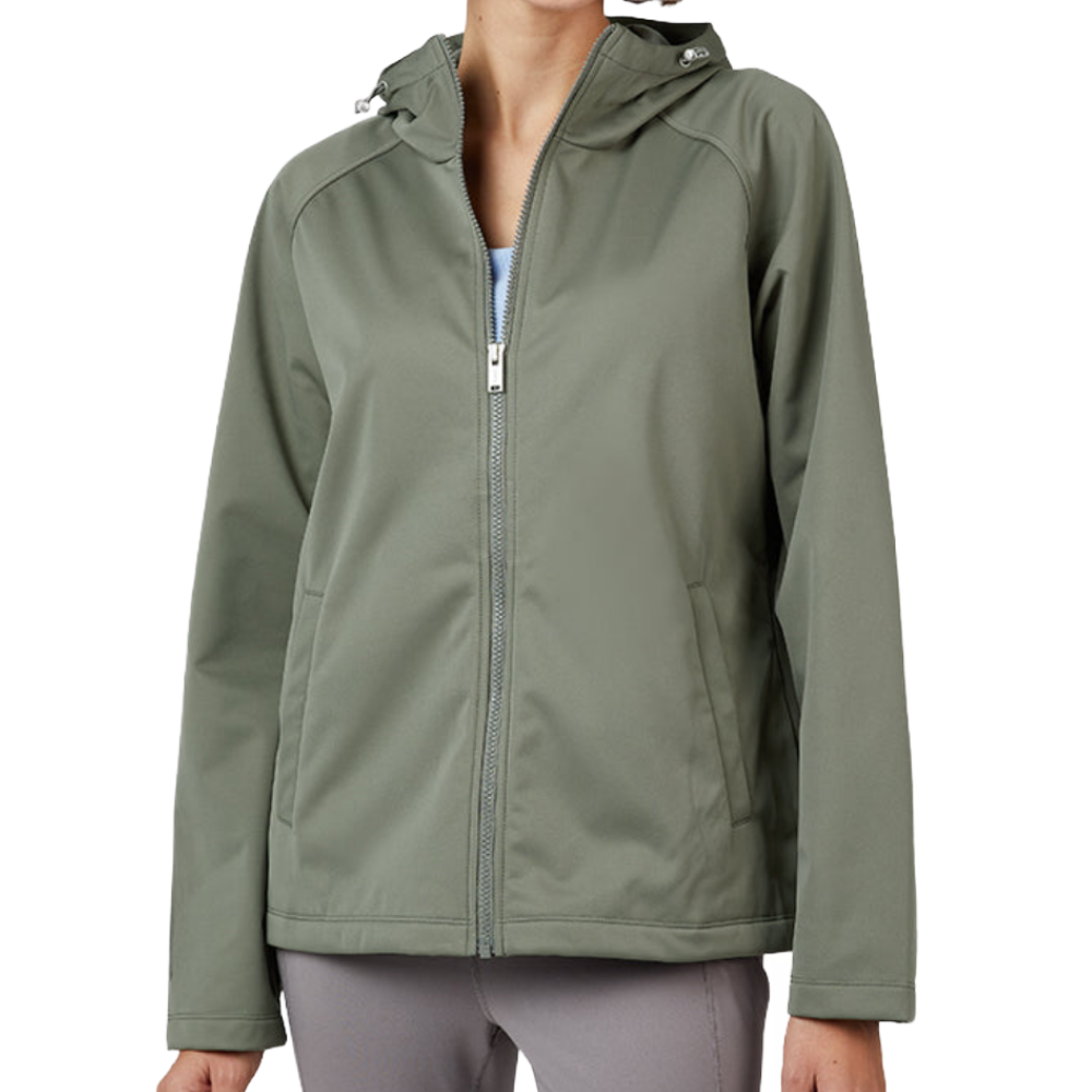 A green hooded jacket with a front zipper, long sleeves, and side pockets, worn over a light blue top.