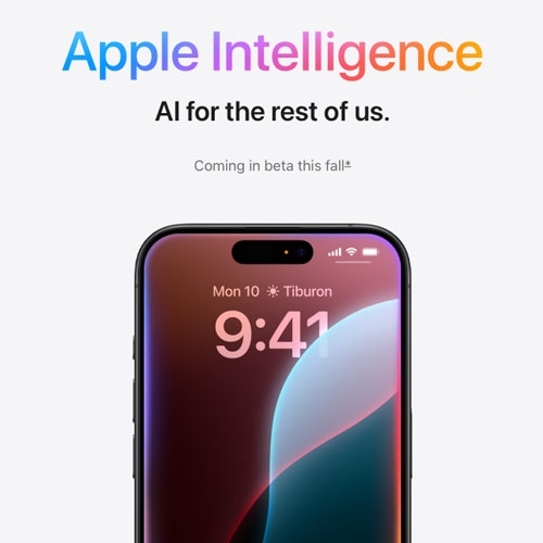 an iphone with apple intelligence written in gradient rainbow text above it