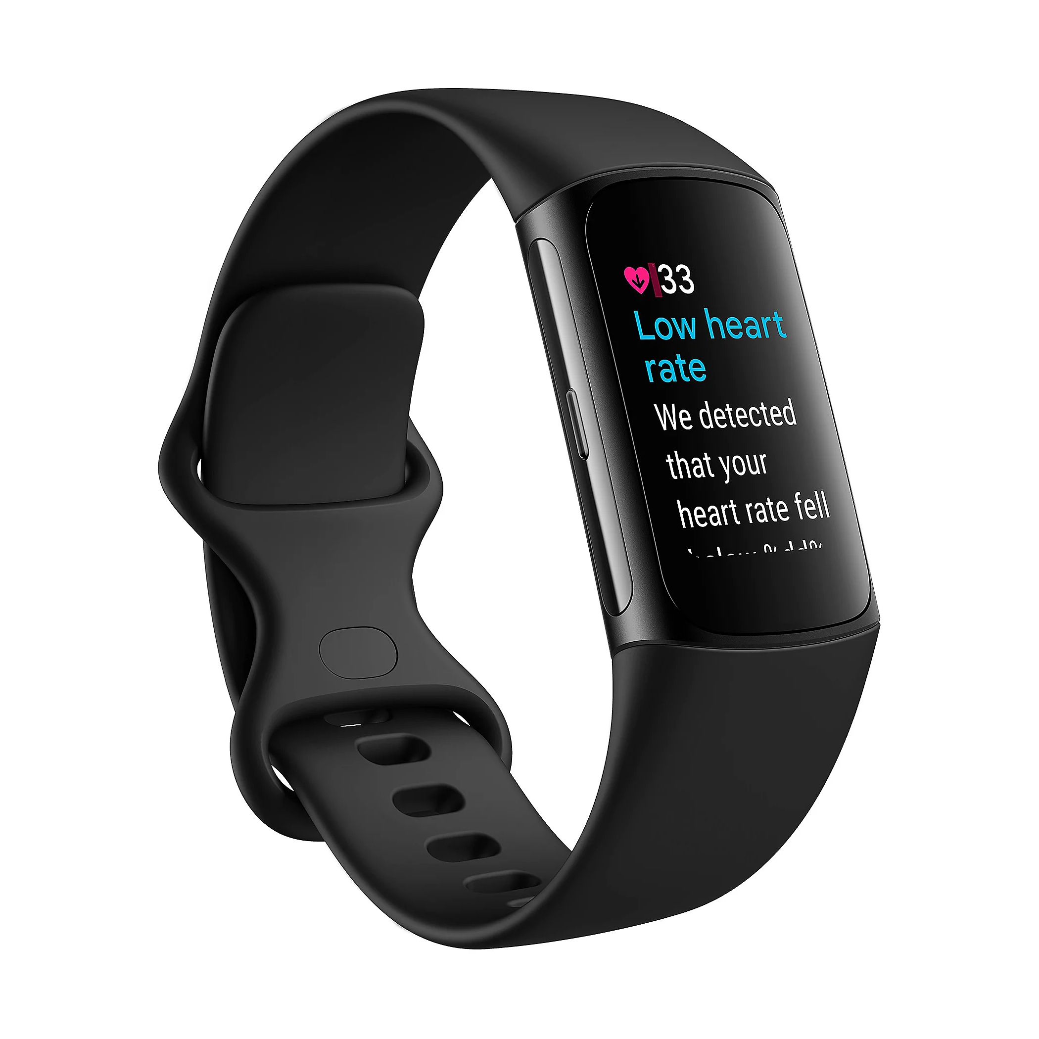 Fitbit Charge 6 is a black fitness tracker with a touchscreen displaying heart rate alerts. It features a sleek band and side button for navigation.