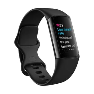 Fitbit Charge 6 is a black fitness tracker with a touchscreen displaying heart rate alerts. It features a sleek band and side button for navigation.