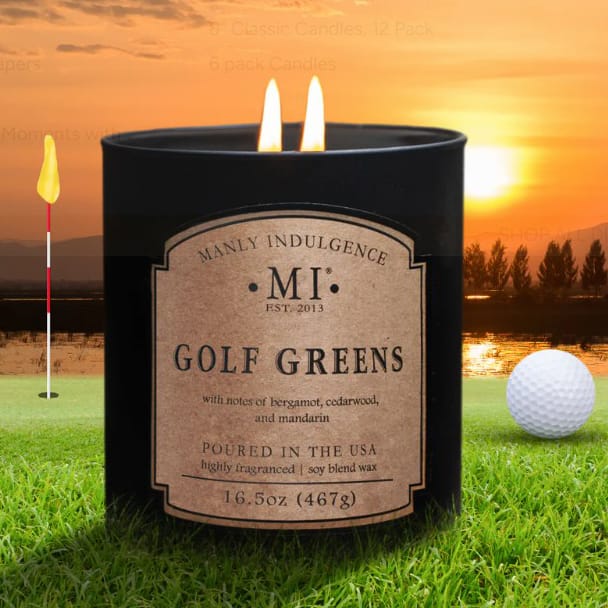 Manly Indulgence \“Golf Greens\“ candle with notes of bergamot, cedarwood, and mandarin, in a 16.5 oz (467g) size, displayed with a golf course background.