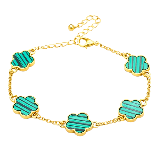Gold bracelet with adjustable chain, featuring five flower-shaped charms with turquoise and blue striped inlays.