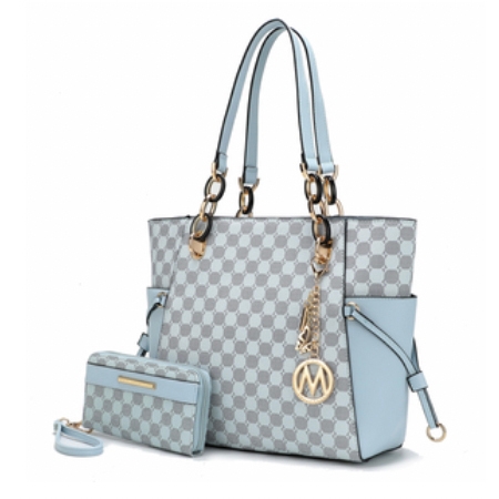 A light blue and gray checkered tote bag with gold accents and a matching wallet, featuring a decorative keychain.