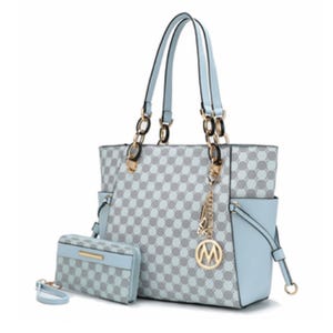 A light blue and gray checkered tote bag with gold accents and a matching wallet, featuring a decorative keychain.