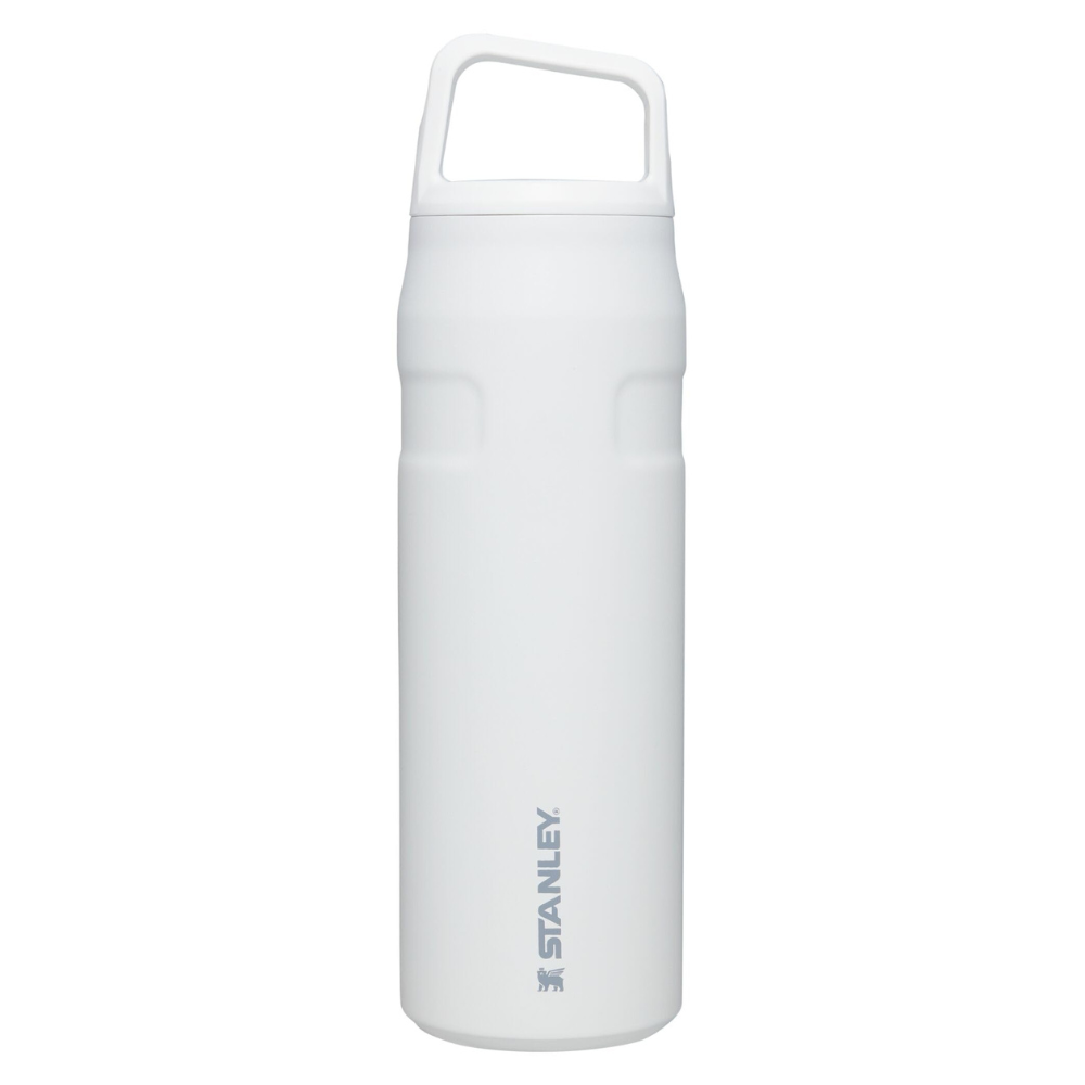 White Stanley water bottle with a handle on the lid and branded logo on the side.