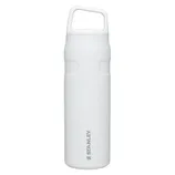 White Stanley water bottle with a handle on the lid and branded logo on the side.