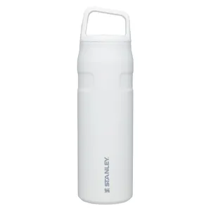 White Stanley water bottle with a handle on the lid and branded logo on the side.