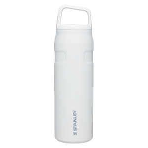 White Stanley water bottle with a handle on the lid and branded logo on the side.