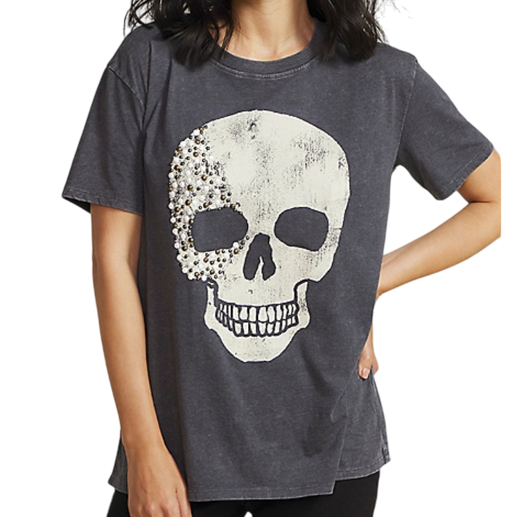 A gray T-shirt featuring a distressed white skull graphic, embellished with studs or gemstones on one side.