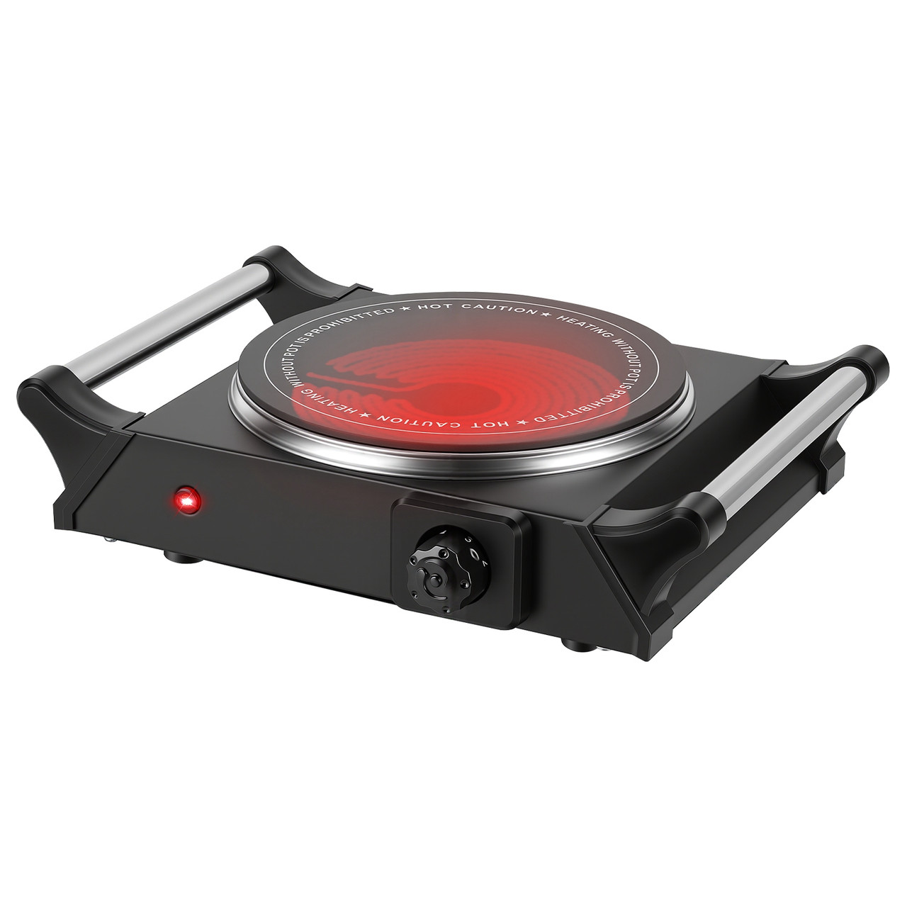 Electric hot plate with a single burner, featuring a red heating element, adjustable temperature knob, and metal handles on each side.