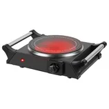 Electric hot plate with a single burner, featuring a red heating element, adjustable temperature knob, and metal handles on each side.