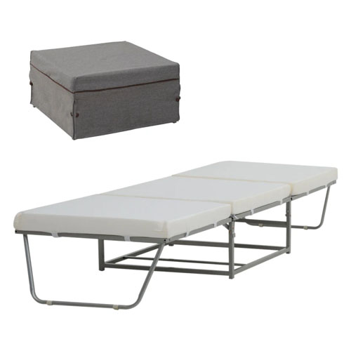 Convertible ottoman bed featuring a foldable metal frame and cushion, transforming from an ottoman into a single bed. The cushioning material is white with a light gray ottoman cover.