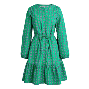 Green long-sleeve dress with a floral pattern, featuring a round neckline, gathered waist with a tie, and a tiered skirt.