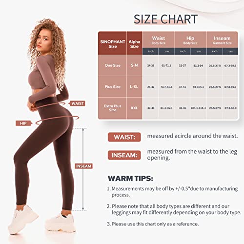 Size chart for leggings: One Size (S-M)—Waist 24-29 in, Hip 28-37 in; Plus Size (L-XL)—Waist 27-31 in, Hip 30-41 in; Extra Plus Size (XXL)—Waist 30-34 in, Hip 33-45 in. Inseam for all sizes: 25 in. Measurements may vary slightly.
