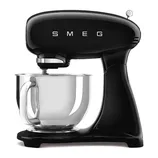 A black SMEG stand mixer with a stainless steel mixing bowl.