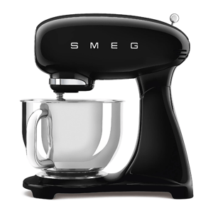 A black SMEG stand mixer with a stainless steel mixing bowl.
