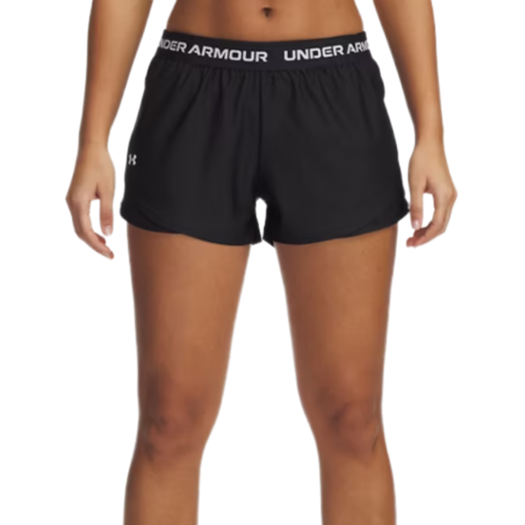 Black Under Armour athletic shorts with an elastic waistband displaying the brand's logo.
