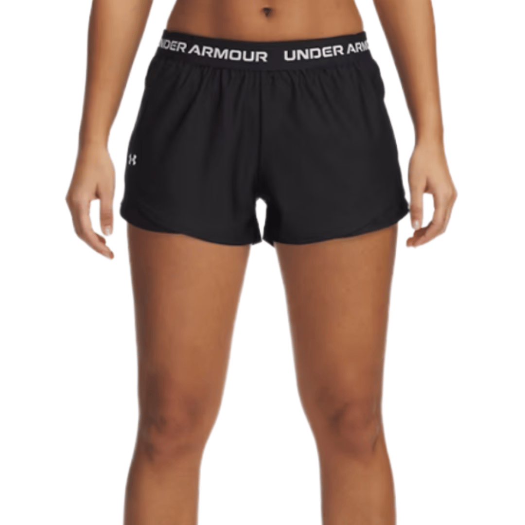 Black Under Armour athletic shorts with an elastic waistband displaying the brand's logo.