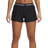 Black Under Armour athletic shorts with an elastic waistband displaying the brand's logo.