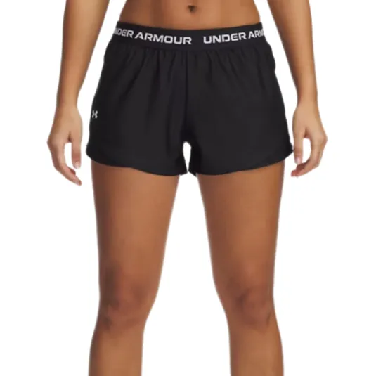 Black Under Armour athletic shorts with an elastic waistband displaying the brand's logo.