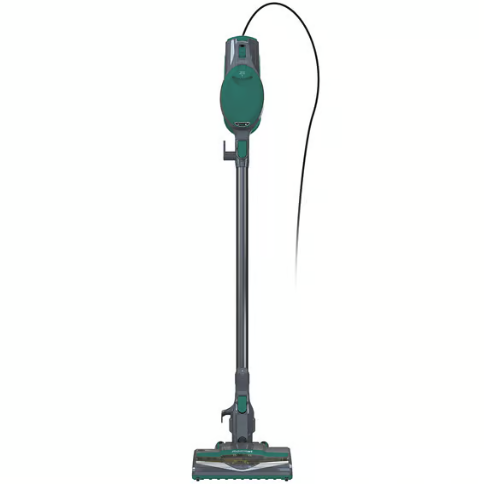 Corded stick vacuum cleaner, teal color, with a slim design and long handle for easy maneuverability.