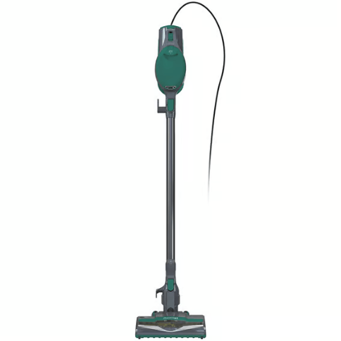 Corded stick vacuum cleaner, teal color, with a slim design and long handle for easy maneuverability.
