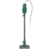 Corded stick vacuum cleaner, teal color, with a slim design and long handle for easy maneuverability.