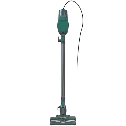 Corded stick vacuum cleaner, teal color, with a slim design and long handle for easy maneuverability.