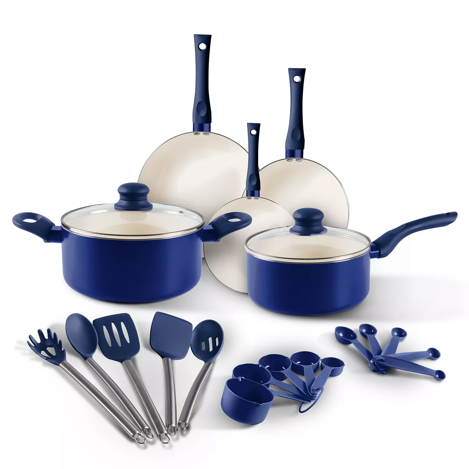 A cookware set including blue pots, pans with lids, various kitchen utensils, measuring cups, and spoons.