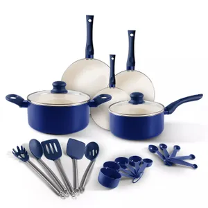 A cookware set including blue pots, pans with lids, various kitchen utensils, measuring cups, and spoons.