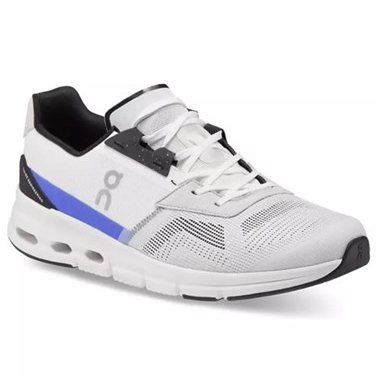 White athletic shoe with black and blue accents, featuring a distinctive sole design and ventilation patterns on the upper.
