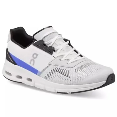 White athletic shoe with black and blue accents, featuring a distinctive sole design and ventilation patterns on the upper.