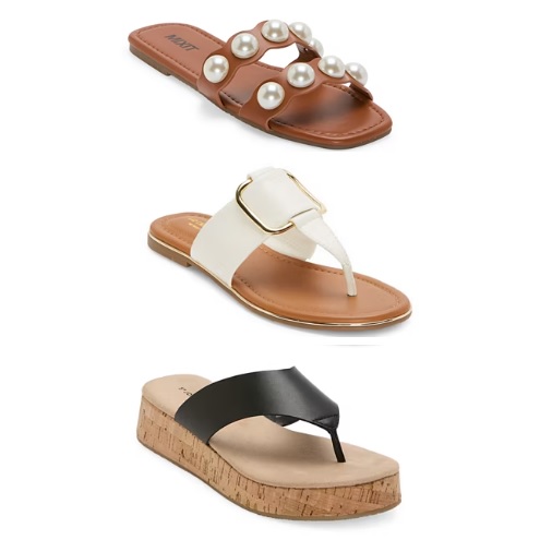 Three pairs of women's sandals: top pair with pearl embellishments, middle with a large buckle, and bottom with a cork platform.