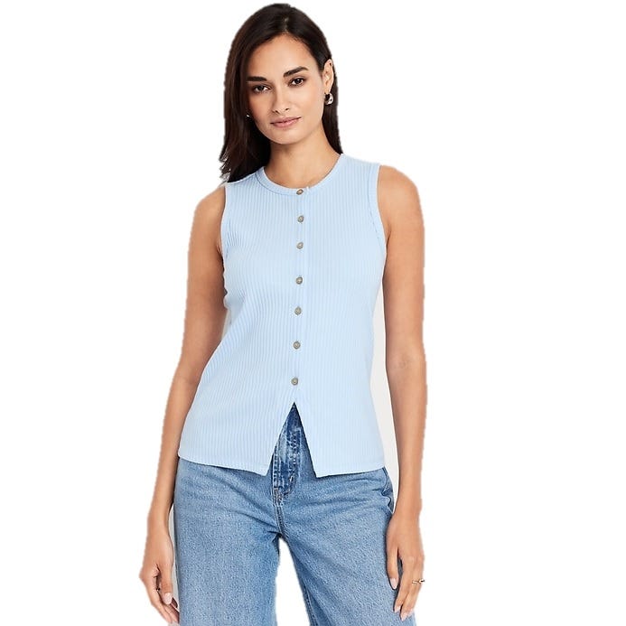 Sleeveless light blue ribbed top with front button closure and a small front slit, paired with light blue jeans.