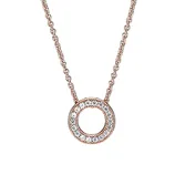 A gold necklace features a circular pendant encrusted with small diamonds or crystals.
