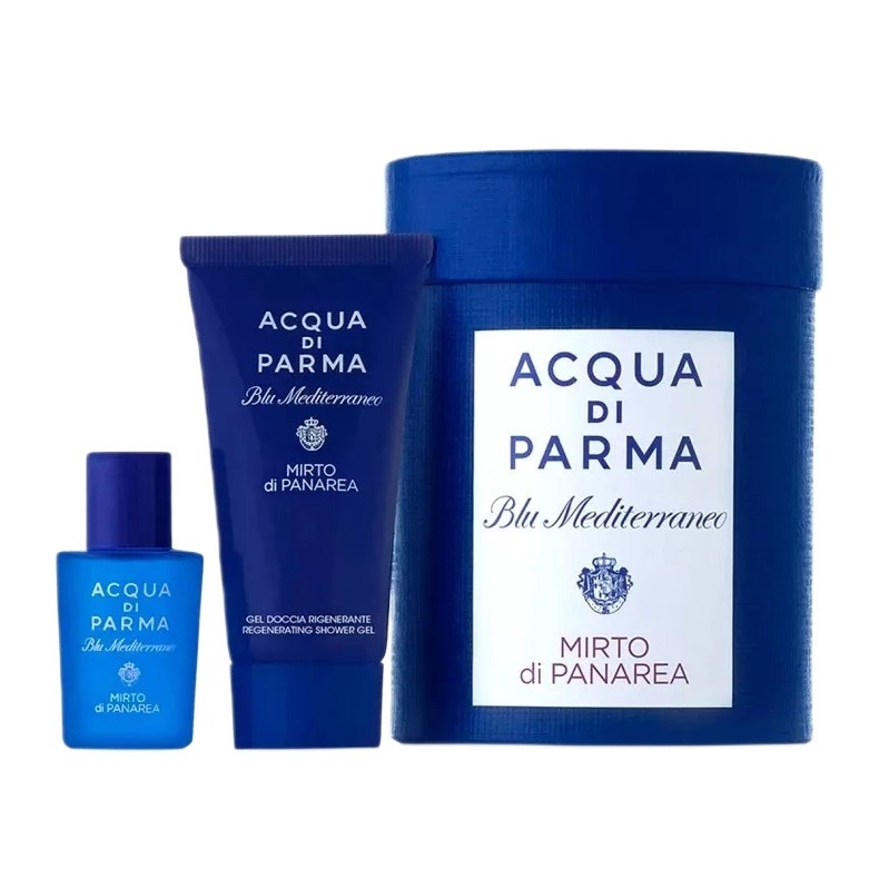 Acqua Di Parma Blu Mediterraneo Mirto di Panarea Gift Set includes a mini fragrance bottle, a regenerating shower gel, and comes in a cylindrical blue box.