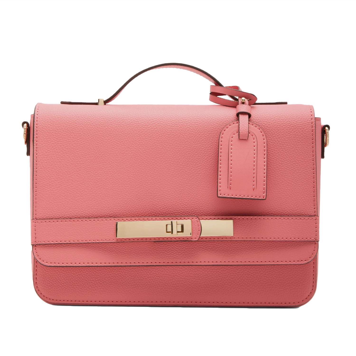 Pink leather Anne Klein crossbody with a structured design, top handle, gold-tone hardware, and a luggage tag. Features a turn-lock closure and adjustable strap for versatile carrying.