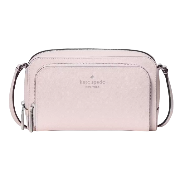 A Kate Spade New York pink crossbody bag with a front zip pocket, featuring the brand logo in the center and adjustable strap.