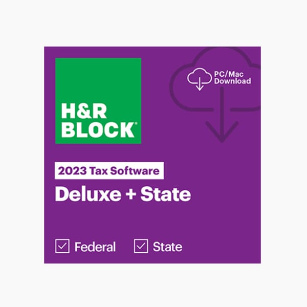 2023 Deluxe + State tax software from H&R Block for PC/Mac download, including federal and state filing.
